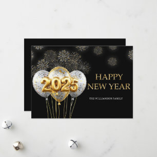 Happy New Year Fireworks Balloons Gold Holiday Card