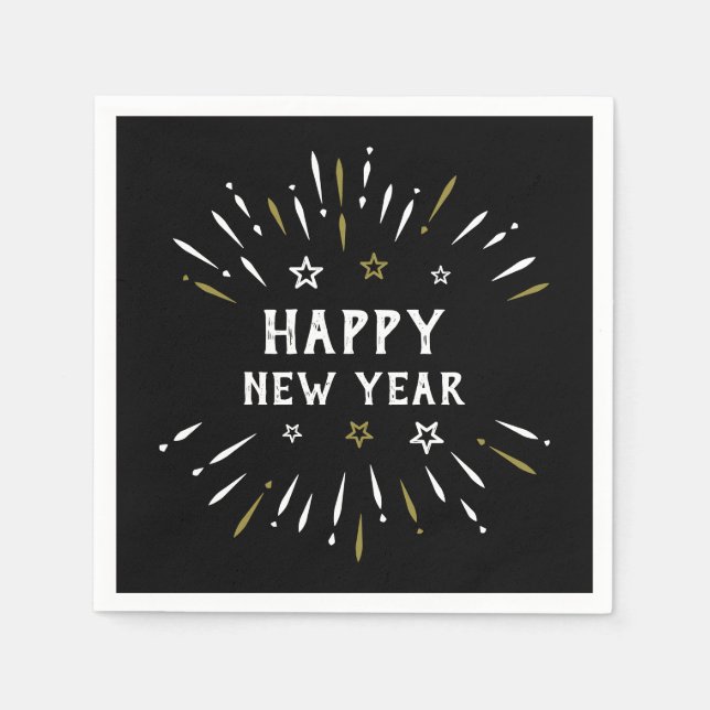 Happy New Year Fireworks Black White Gold Stars Napkin (Front)