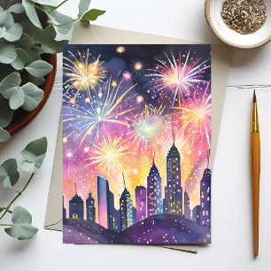 Happy New Year   Fireworks City Night Watercolor Postcard