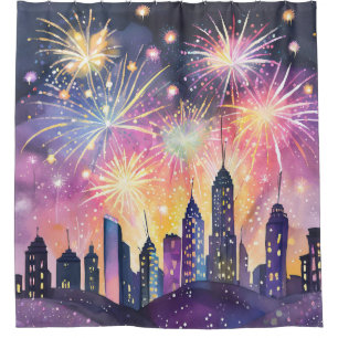 Happy New Year   Fireworks City Night Watercolor Shower Curtain