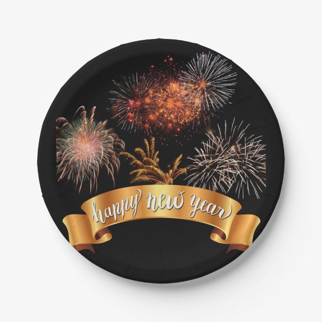 Happy New Year Fireworks Paper Plate (Front)