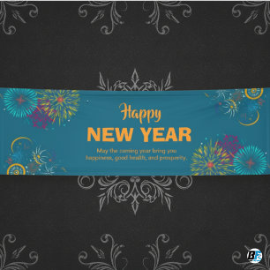 Happy New Year Fireworks Teal Horizontal Banner
