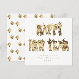 Happy New Year Flowers Faux Gold Floral White Holiday Card