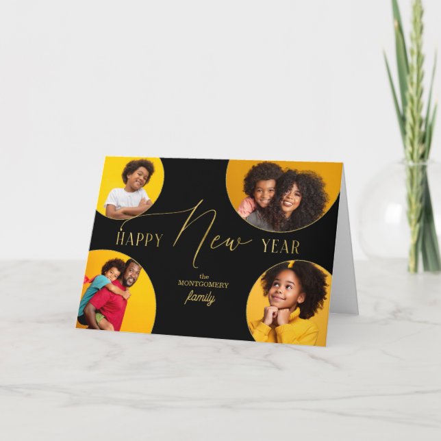 Happy New Year Four Photo Faux Gold Leaf Holiday Card (Front)
