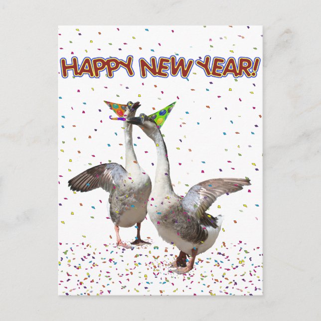 Happy New Year from Partying Geese Holiday Postcard (Front)