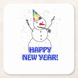 Happy New Year from the Celebrating Snowman Square Paper Coaster