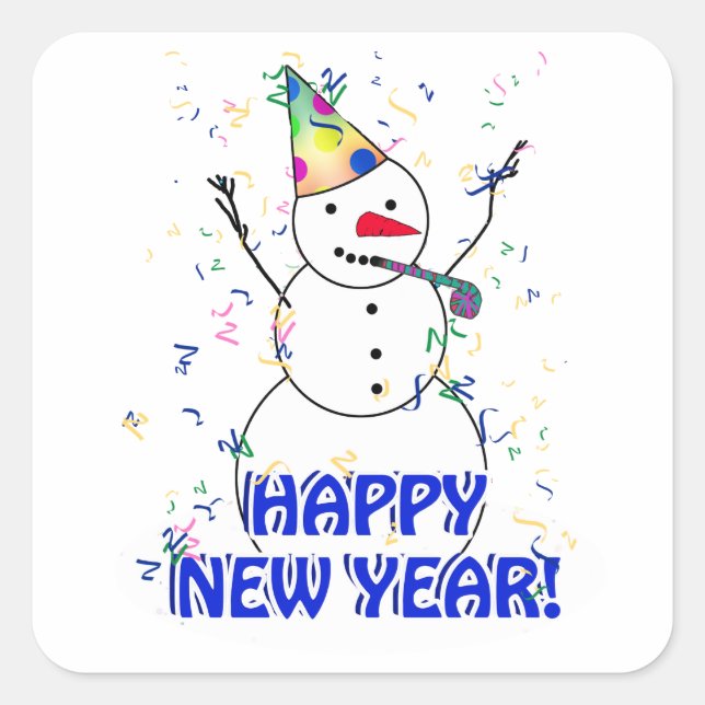 Happy New Year from the Celebrating Snowman Square Sticker (Front)