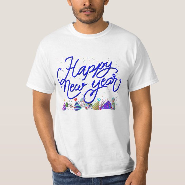Happy New Year - Fun Blue Text With Confetti T-Shirt (Front)