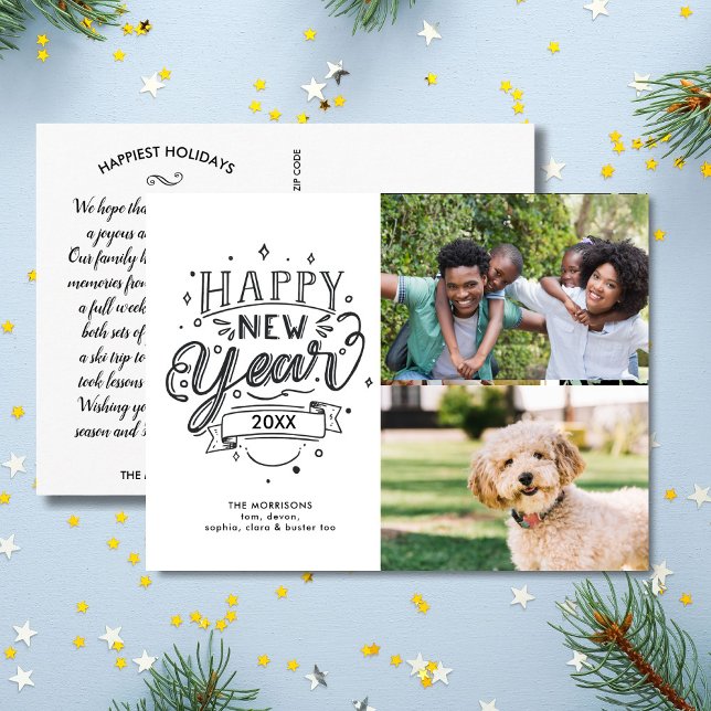 Happy New Year Fun Modern Typography 2 Photos Postcard (Creator Uploaded)