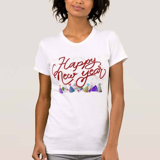 Happy New Year - Fun Red Text With Confetti T-Shirt (Front)