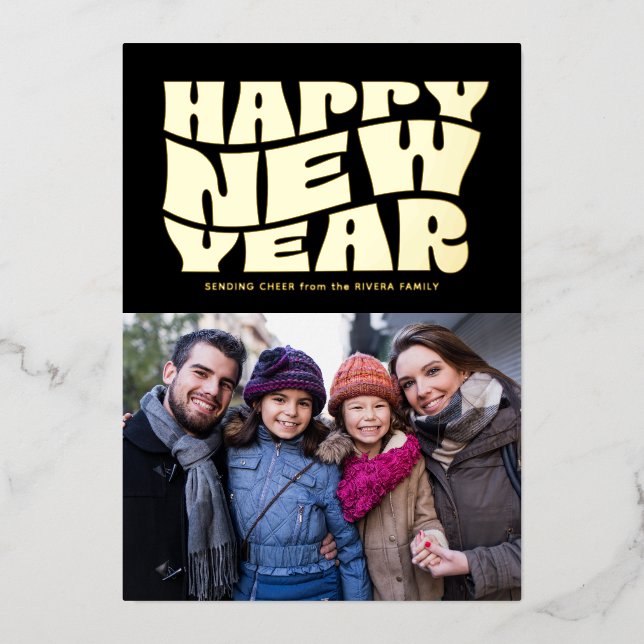 Happy New Year funky fun retro black gold photo Foil Holiday Card (Front)