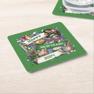Happy New Year Funny Animal Fans Scarf Cartoon Square Paper Coaster