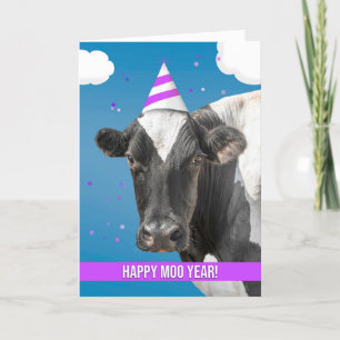 Happy New Year Funny Cow Wearing Party Hat Humour Holiday Card