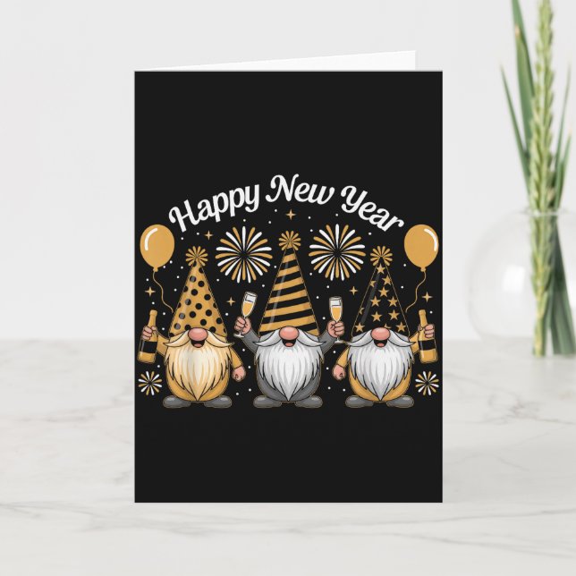 Happy New Year Gnome Confetti Fireworks New Year's Card (Front)