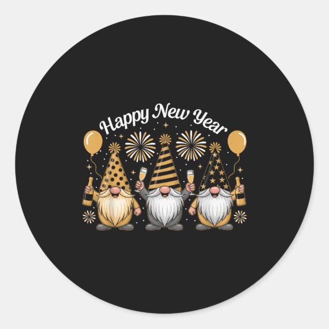 Happy New Year Gnome Confetti Fireworks New Year's Classic Round Sticker (Front)