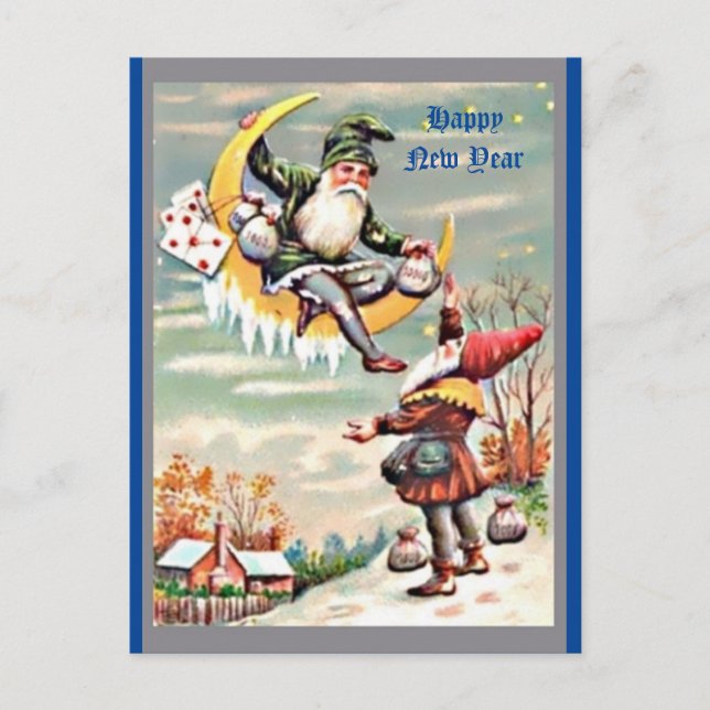 Happy New Year Gnomes,Tomte, Moon, Money Bags Postcard (Front)