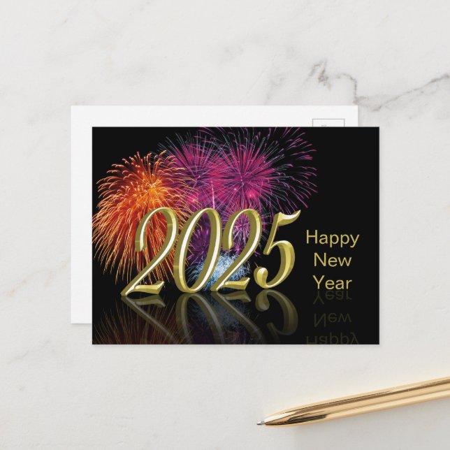 Happy New Year Gold 2025 Fireworks Holiday Postcard (Front/Back In Situ)