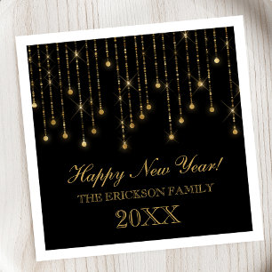 Happy New Year Gold and Black String Lights Custom Napkin
