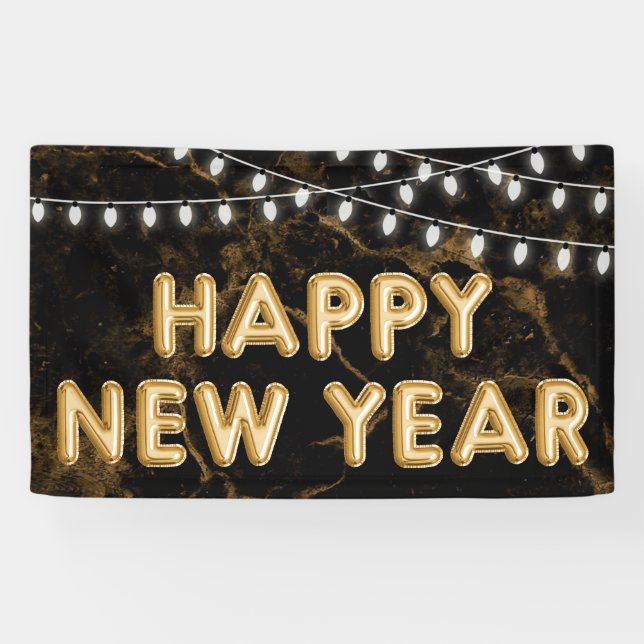 Happy New Year Gold & Black Balloon Lights Banner (Horizontal)