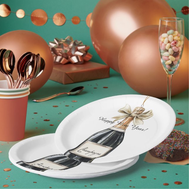 Happy New Year Gold Black Champagne Bottle Paper Plate (Multi)