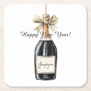 Happy New Year Gold Black Champagne Bottle Square Paper Coaster