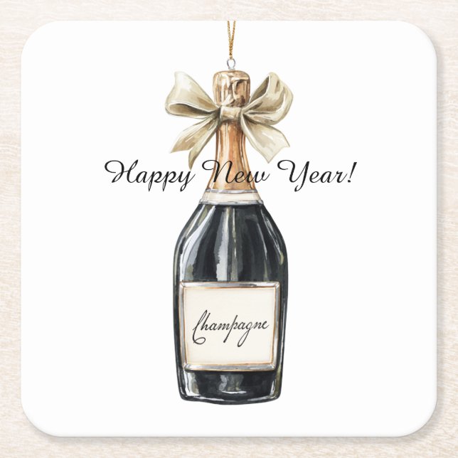 Happy New Year Gold Black Champagne Bottle Square Paper Coaster (Front)