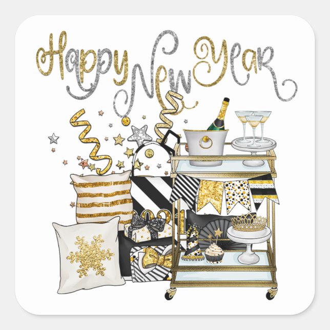 Happy New Year Gold Black Champagne Gifts Confetti Square Sticker (Front)