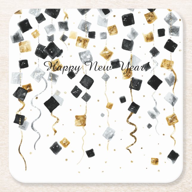 Happy New Year Gold Black Confetti Square Paper Coaster (Front)