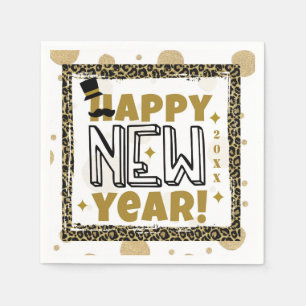 Happy New Year Gold Black Leopard Print Napkin