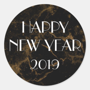 Happy New Year Gold Black Marble Elegant Classic Round Sticker