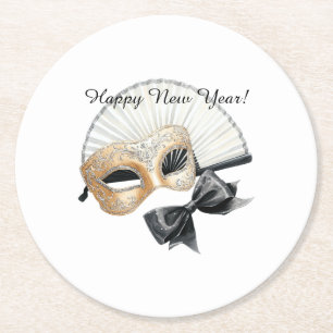 Happy New Year Gold Black Mask Round Paper Coaster