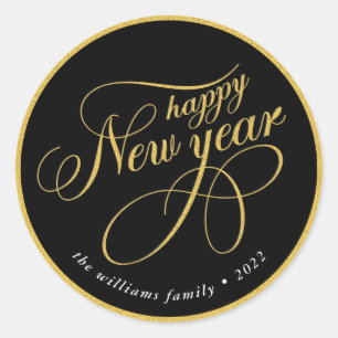 Happy New Year Gold & Black Typography Classic Round Sticker