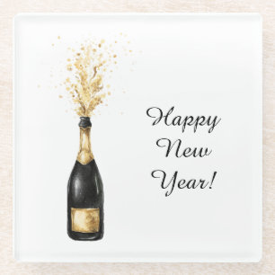 Happy New Year Gold Bottle Glass Coaster