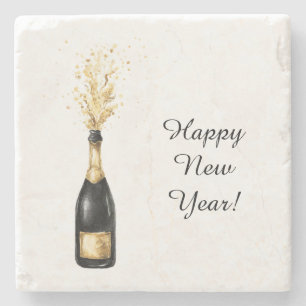 Happy New Year Gold Bottle Stone Coaster
