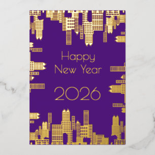 Happy New Year - gold buildings Foil Holiday Card