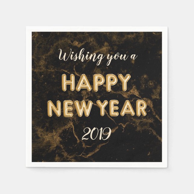 Happy New Year Gold Foil Balloons Marble Black Napkin (Front)