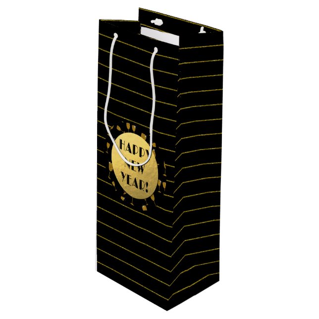 Happy New Year, Gold Foil, Black Wine Gift Bag (Front Angled)