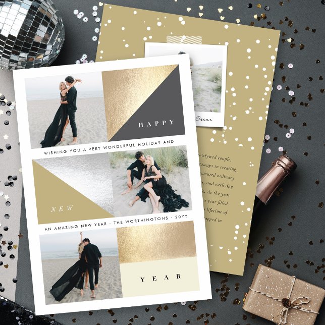 Happy New Year Gold Foil Blocks Stylish 3 Photo Holiday Card (Creator Uploaded)