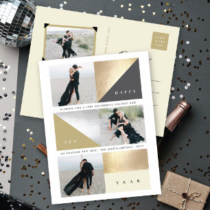 Happy New Year Gold Foil Blocks Stylish 3 Photo Holiday Postcard
