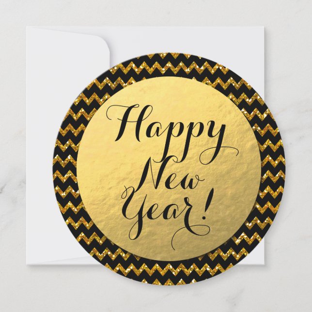 Happy New Year! Gold Foil, Gold Glitter Chevron Holiday Card (Front)