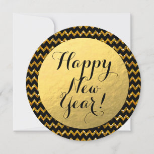 Happy New Year! Gold Foil, Gold Glitter Chevron Holiday Card