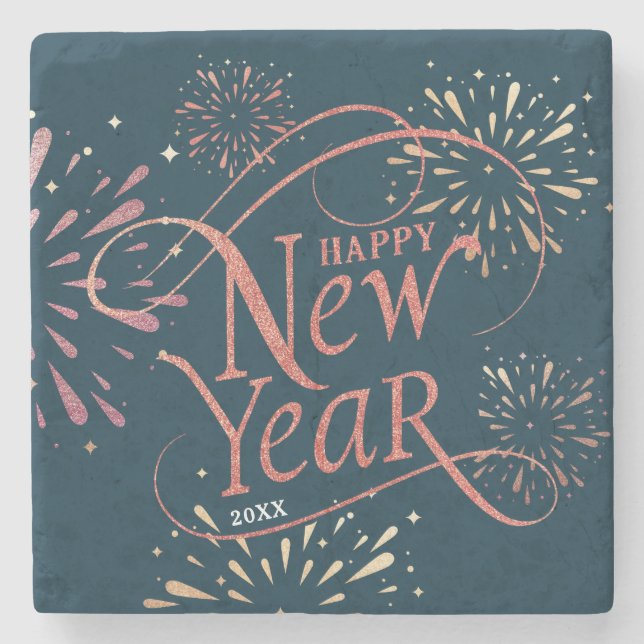 Happy New Year Gold Foil Script Stone Coaster (Front)