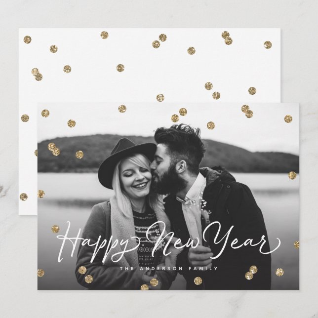 Happy New Year Gold Glitter Confetti Dots Holiday Card (Front/Back)