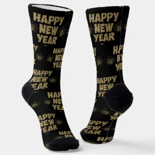 Happy New Year Gold Glitter on Black  Socks