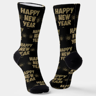 Happy New Year Gold Glitter on Black  Socks