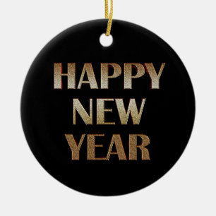 Happy New Year Gold Metallic Text Image Ceramic Ornament