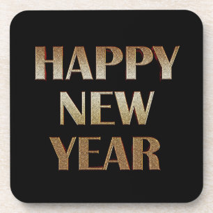 Happy New Year Gold Metallic Text Image Coaster