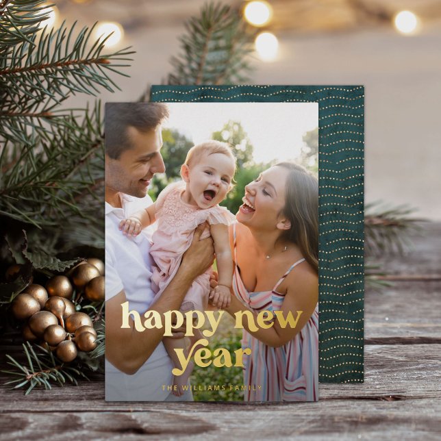 Happy New Year Gold Modern Photo Foil Holiday Card (Creator Uploaded)