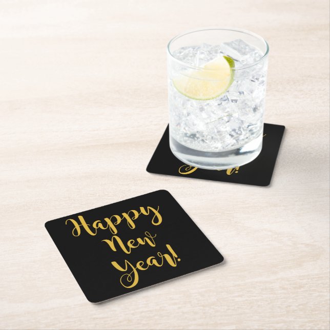 Happy New Year Gold On Black Charming Chic Square Paper Coaster (Insitu)