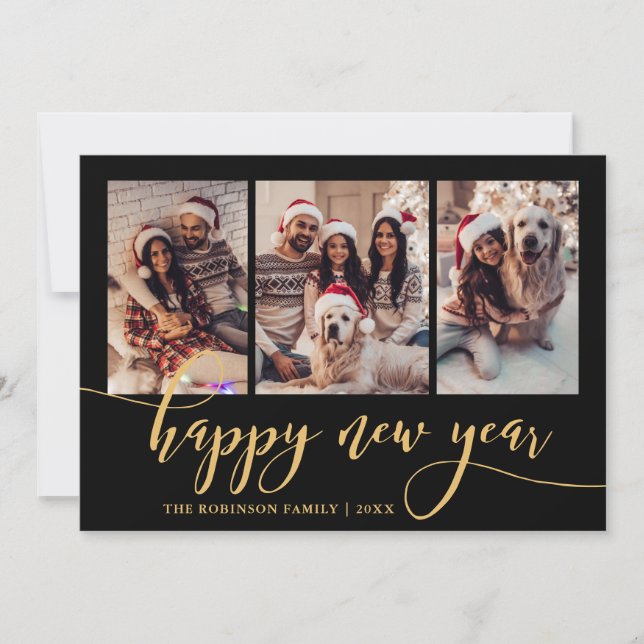 Happy New Year Gold Script 3 Photo Collage Black  Holiday Card (Front)